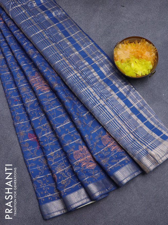 Assam silk saree blue with allover zari weaves & embroidery work and zari woven border