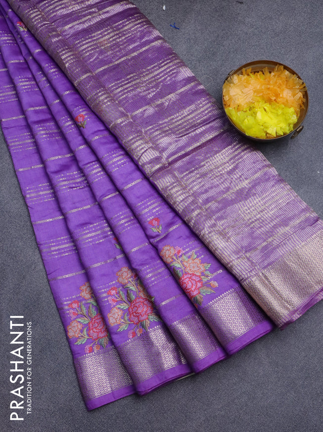 Assam silk saree lavender shade with allover zari weaves & embroidery work buttas and zari woven border