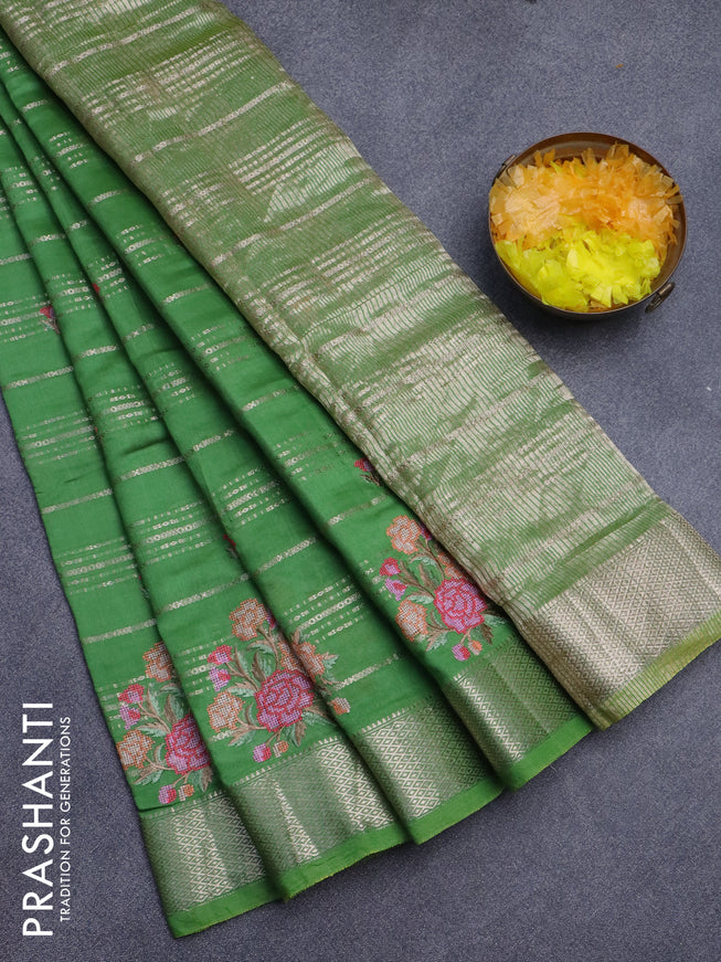 Assam silk saree green with allover zari weaves & embroidery work buttas and zari woven border