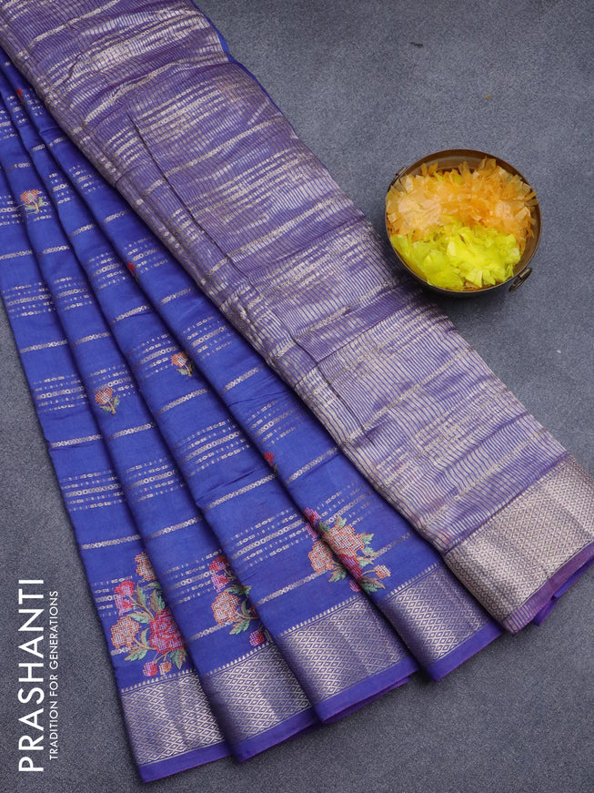 Assam silk saree blue with allover zari weaves & embroidery work buttas and zari woven border