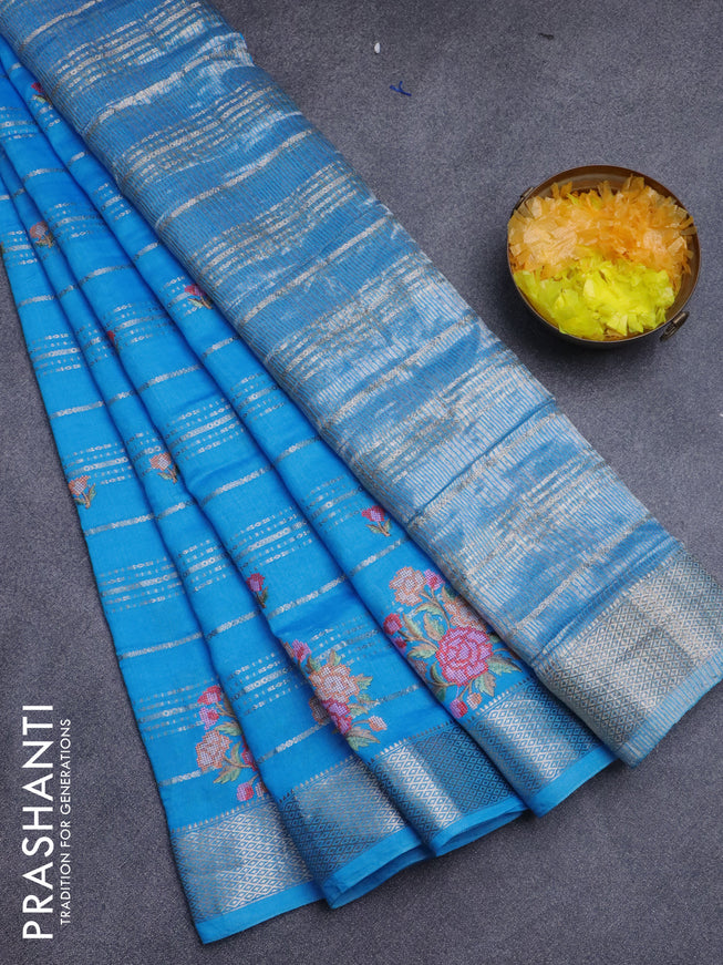 Assam silk saree light blue with allover zari weaves & embroidery work buttas and zari woven border