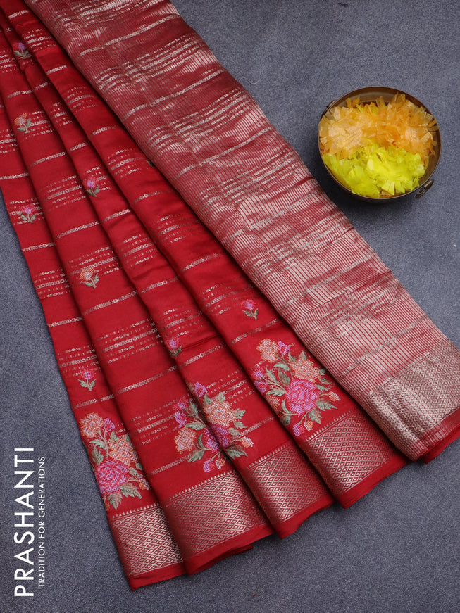 Assam silk saree red with allover zari weaves & embroidery work buttas and zari woven border