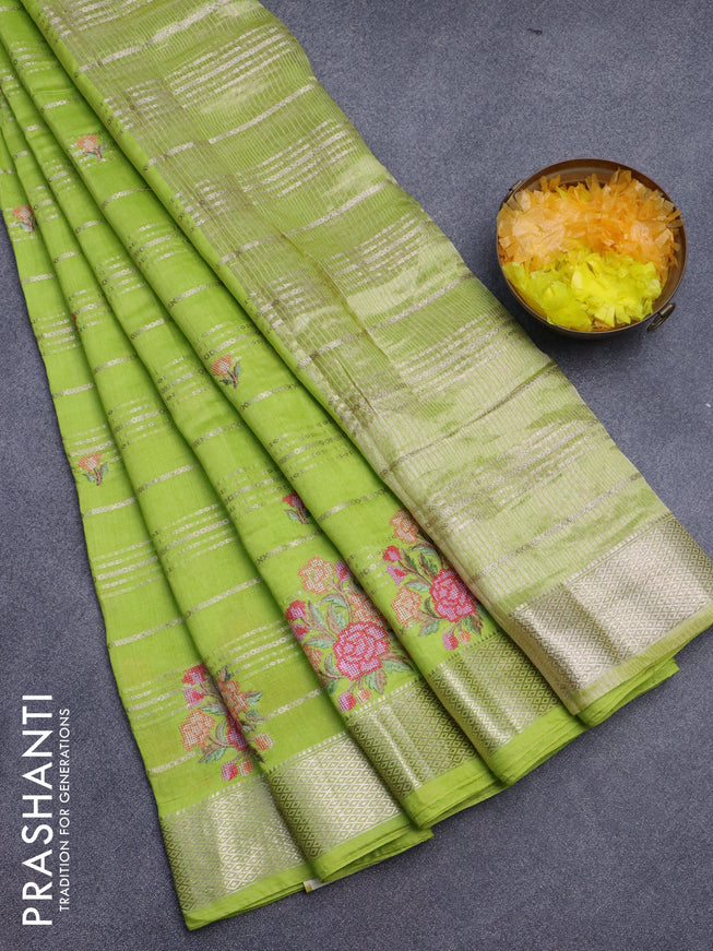 Assam silk saree fluorescent green with allover zari weaves & embroidery work buttas and zari woven border