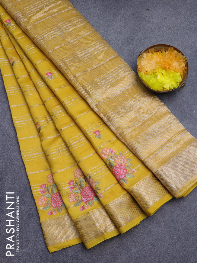 Assam silk saree yellow with allover zari weaves & embroidery work buttas and zari woven border