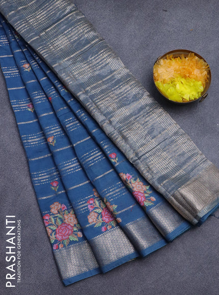 Assam silk saree peacock blue with allover zari weaves & embroidery work buttas and zari woven border