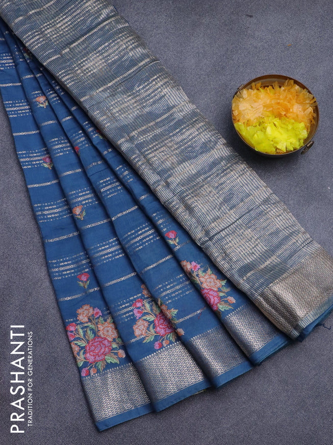 Assam silk saree peacock blue with allover zari weaves & embroidery work buttas and zari woven border