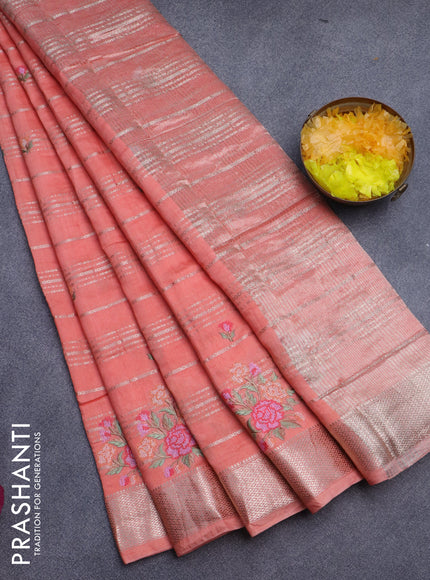 Assam silk saree peach orange with allover zari weaves & embroidery work buttas and zari woven border