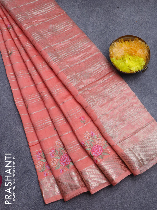 Assam silk saree peach orange with allover zari weaves & embroidery work buttas and zari woven border