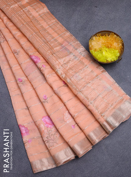 Assam silk saree peach orange with allover zari weaves & embroidery work buttas and zari woven border