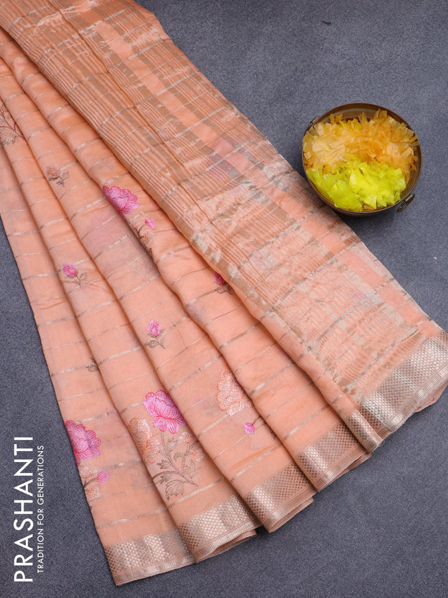 Assam silk saree peach orange with allover zari weaves & embroidery work buttas and zari woven border