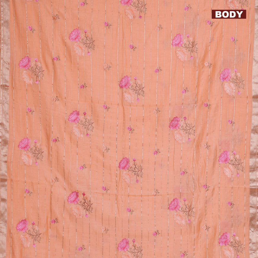 Assam silk saree peach orange with allover zari weaves & embroidery work buttas and zari woven border