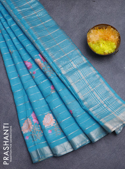 Assam silk saree light blue with allover zari weaves & embroidery work buttas and zari woven border