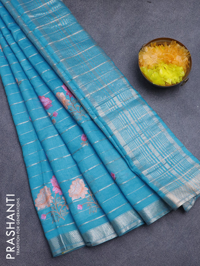 Assam silk saree light blue with allover zari weaves & embroidery work buttas and zari woven border