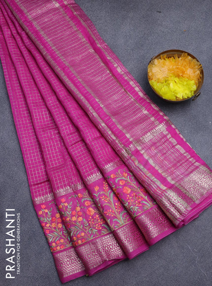 Assam silk saree pink with allover zari checked pattern and floral design embroidery work zari border