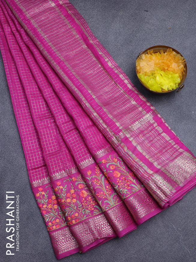 Assam silk saree pink with allover zari checked pattern and floral design embroidery work zari border