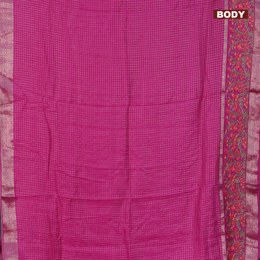 Assam silk saree pink with allover zari checked pattern and floral design embroidery work zari border