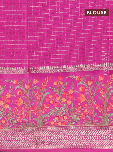 Assam silk saree pink with allover zari checked pattern and floral design embroidery work zari border