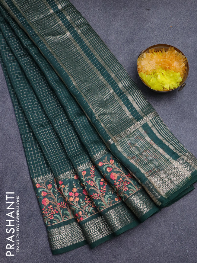 Assam silk saree green with allover zari checked pattern and floral design embroidery work zari border