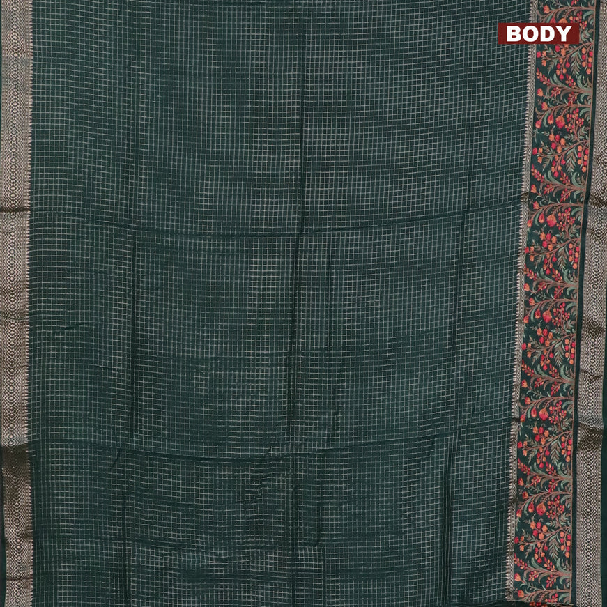 Assam silk saree green with allover zari checked pattern and floral design embroidery work zari border