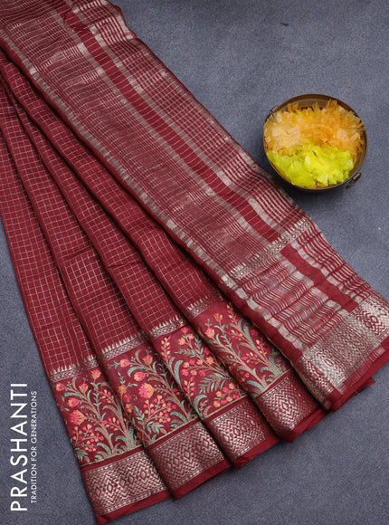 Assam silk saree maroon with allover zari checked pattern and floral design embroidery work zari border