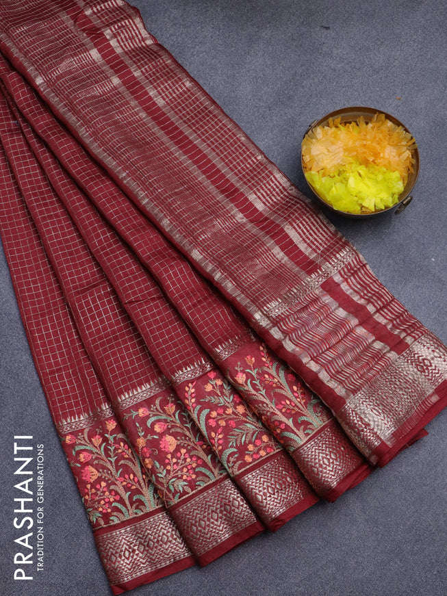 Assam silk saree maroon with allover zari checked pattern and floral design embroidery work zari border