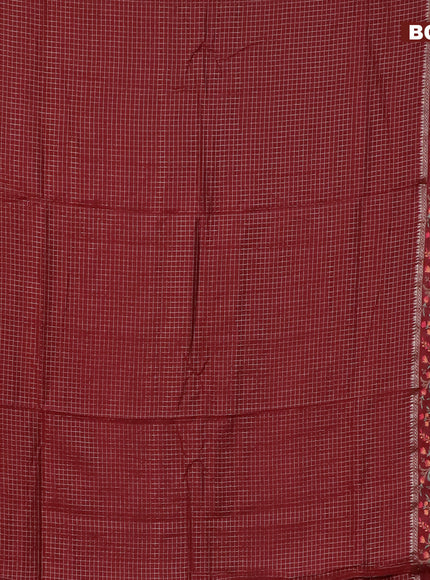 Assam silk saree maroon with allover zari checked pattern and floral design embroidery work zari border