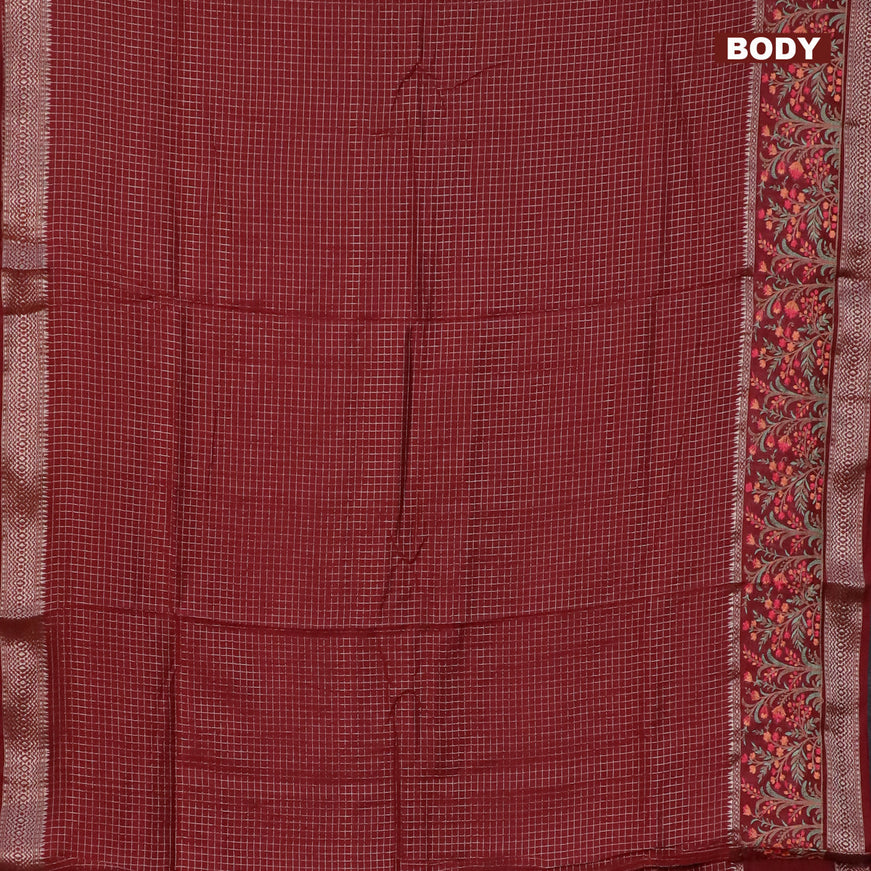 Assam silk saree maroon with allover zari checked pattern and floral design embroidery work zari border