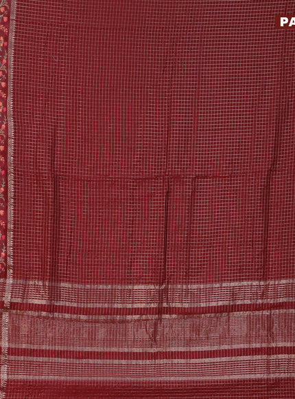 Assam silk saree maroon with allover zari checked pattern and floral design embroidery work zari border