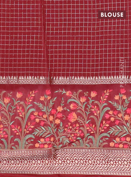 Assam silk saree maroon with allover zari checked pattern and floral design embroidery work zari border