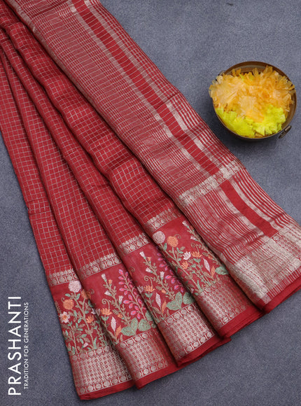 Assam silk saree maroon with allover zari checked pattern and floral design embroidery work zari border