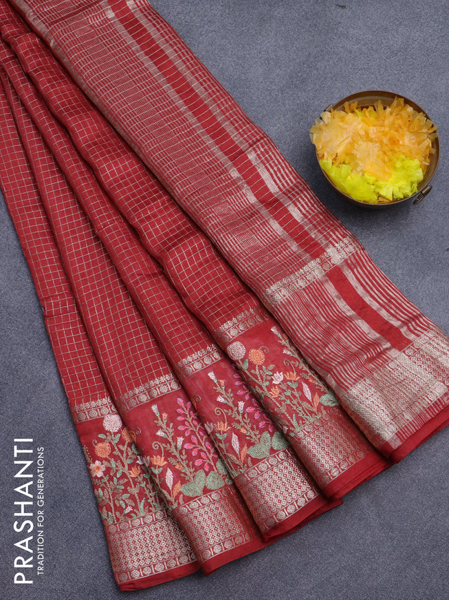 Assam silk saree maroon with allover zari checked pattern and floral design embroidery work zari border