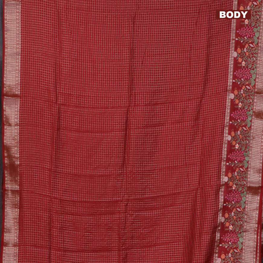 Assam silk saree maroon with allover zari checked pattern and floral design embroidery work zari border