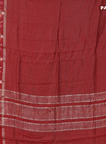 Assam silk saree maroon with allover zari checked pattern and floral design embroidery work zari border