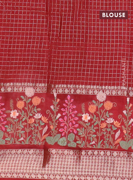 Assam silk saree maroon with allover zari checked pattern and floral design embroidery work zari border