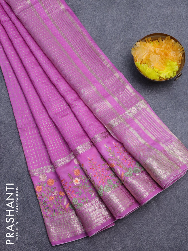 Assam silk saree lotus pink with allover zari checked pattern and floral design embroidery work zari border