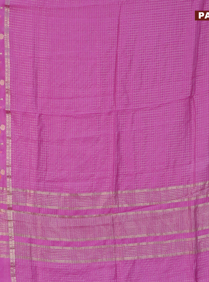 Assam silk saree lotus pink with allover zari checked pattern and floral design embroidery work zari border