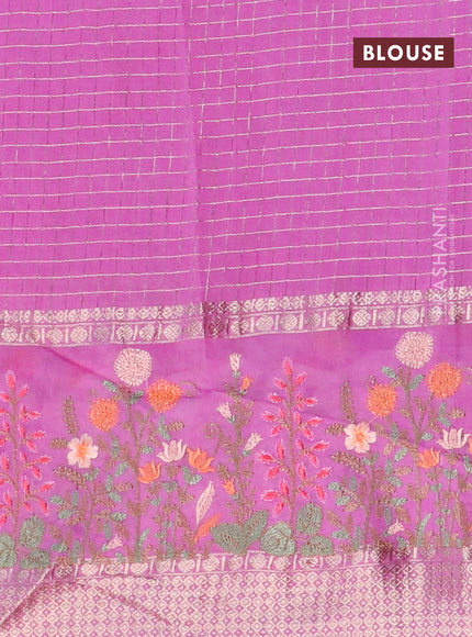 Assam silk saree lotus pink with allover zari checked pattern and floral design embroidery work zari border