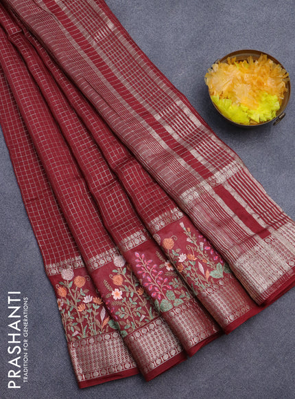 Assam silk saree maroon with allover zari checked pattern and floral design embroidery work zari border