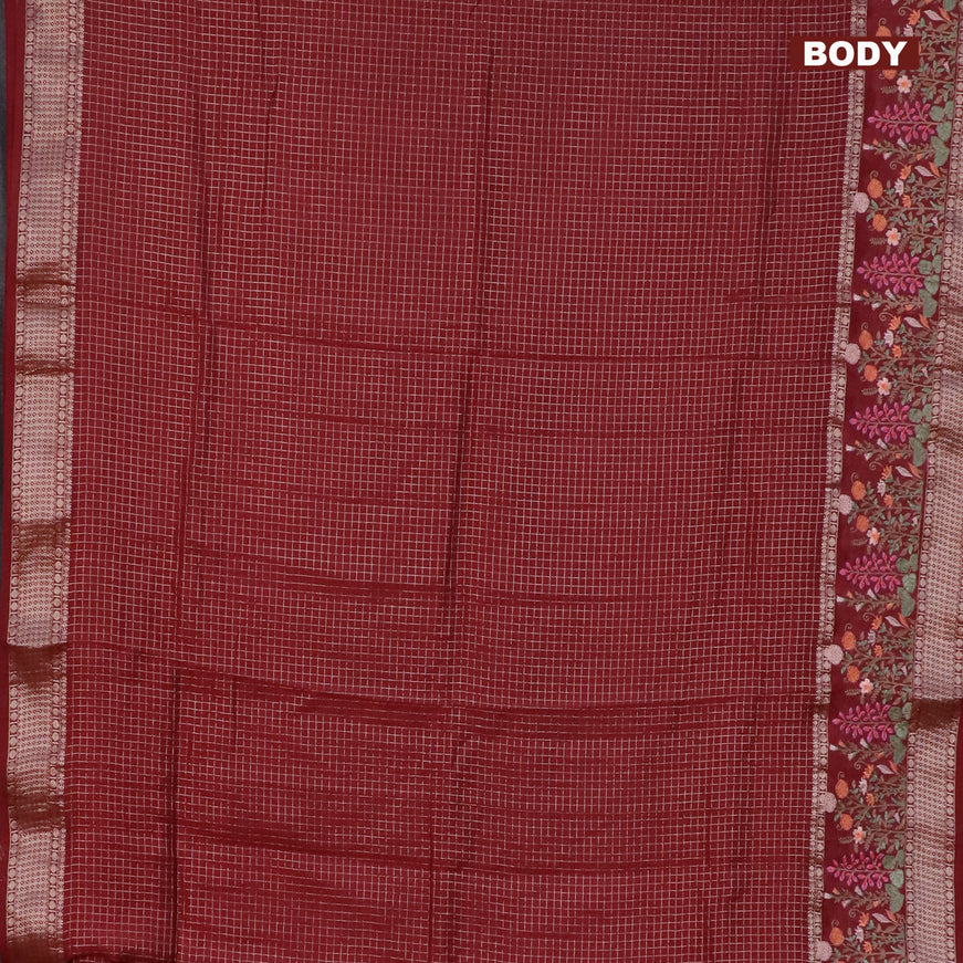 Assam silk saree maroon with allover zari checked pattern and floral design embroidery work zari border