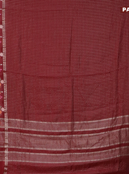 Assam silk saree maroon with allover zari checked pattern and floral design embroidery work zari border