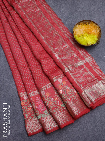 Assam silk saree red with allover zari checked pattern and floral design embroidery work zari border