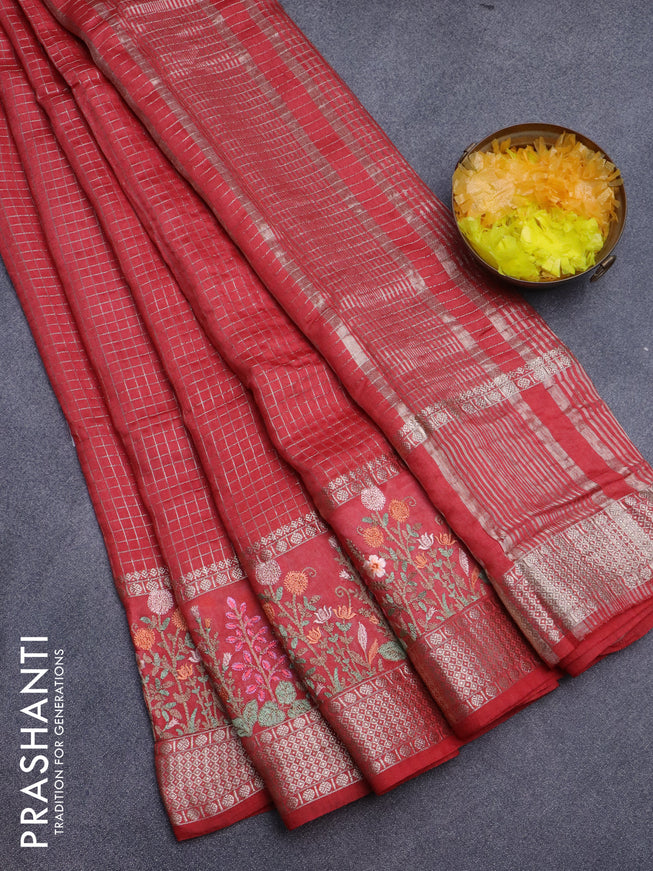 Assam silk saree red with allover zari checked pattern and floral design embroidery work zari border