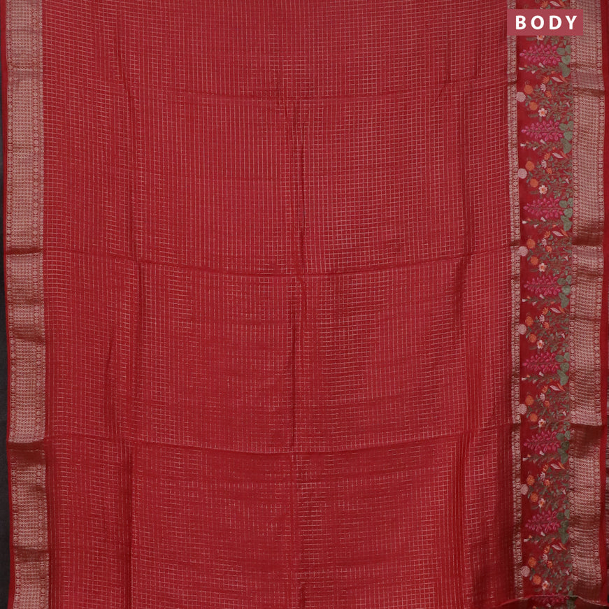 Assam silk saree red with allover zari checked pattern and floral design embroidery work zari border