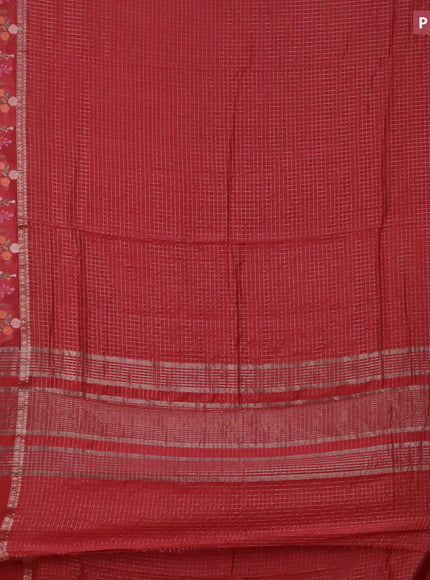 Assam silk saree red with allover zari checked pattern and floral design embroidery work zari border