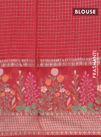 Assam silk saree red with allover zari checked pattern and floral design embroidery work zari border