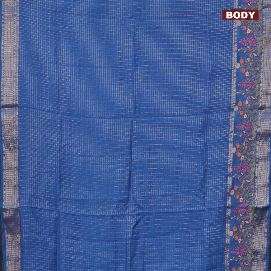 Assam silk saree cs blue with allover zari checked pattern and floral design embroidery work zari border