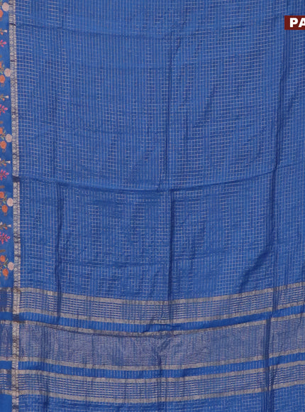 Assam silk saree cs blue with allover zari checked pattern and floral design embroidery work zari border