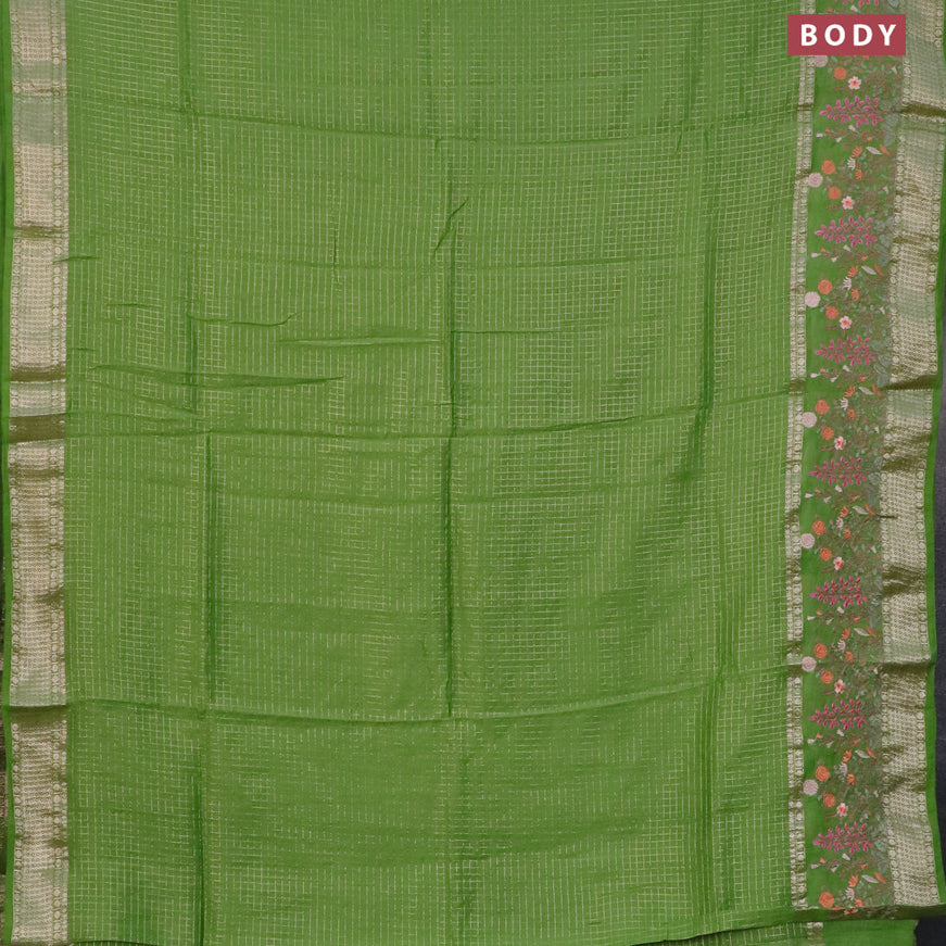 Assam silk saree light green with allover zari checked pattern and floral design embroidery work zari border