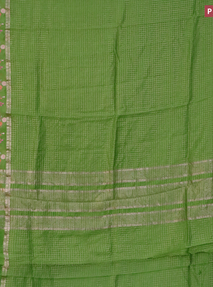 Assam silk saree light green with allover zari checked pattern and floral design embroidery work zari border