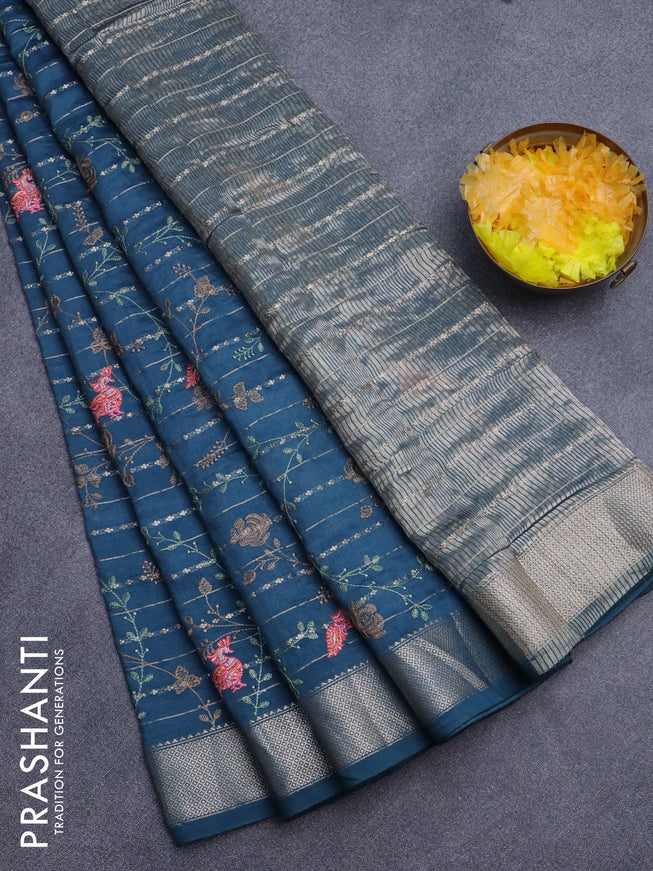 Assam silk saree peacock blue with allover zari weaves & embroidery work buttas and zari woven border